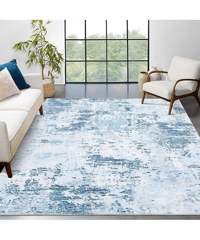 Living Room 8x10 Washable Modern Abstract Rug Faux Wool Ultra Soft Non Slip Non Shedding Accent Rug for Bedroom Dining Room Office Home, Blue
