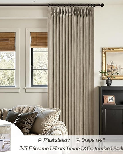 Oak Taupe Extra Long 108 Inch High Ceiling Curtains for Living Room 2 Panel Set, Memory Trained Pinch Pleated Blackout Double Layer Linen Soundproof Heat Block Boho Privacy Windows Curtain 9 FT Length