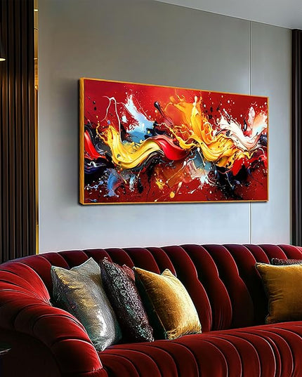 Ouzzlie Red Wall Art Gold Wall Decor Colorful Pictures Azure Blue Abstract Wall Art Decor 24"x 48" in Wall Paintings for Living Room