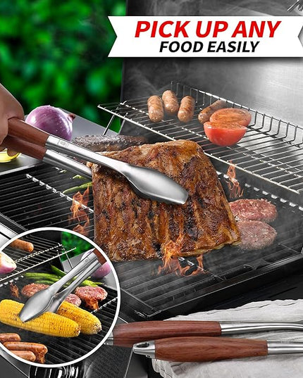 Heavy-Duty Rose Wooden BBQ Grilling Tools Set. Extra Thick Stainless Steel Multi-Function Spatula, Fork & Tongs | Essential Accessories for Barbecue & Grill. Ideal Gift for Father…