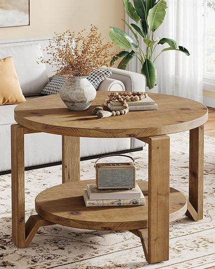 30" Solid Wood Coffee Table, Round Small Coffee Table with 2-Tier Storage for Living Room, Farmhouse Circle Center Accent, Brown Round Solid Wood with Natural Texture Design