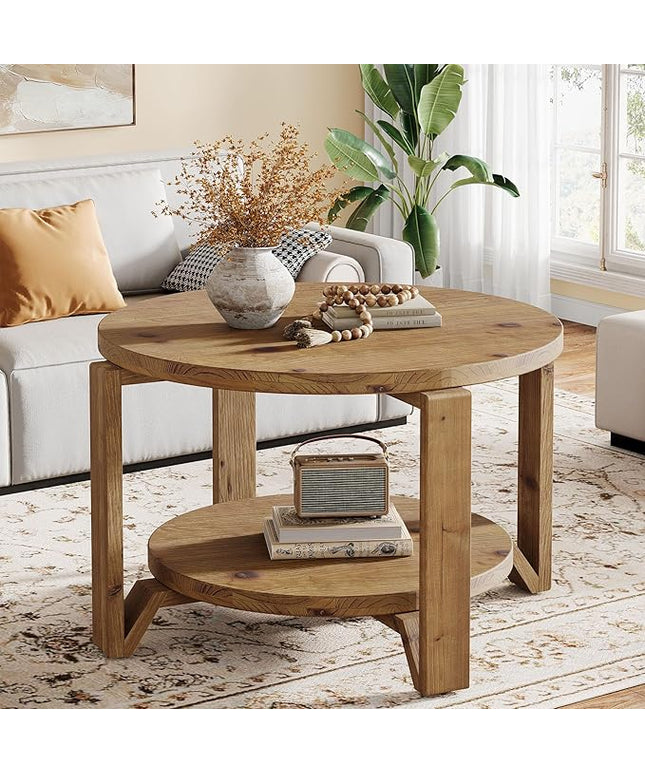 30" Solid Wood Coffee Table, Round Small Coffee Table with 2-Tier Storage for Living Room, Farmhouse Circle Center Accent, Brown Round Solid Wood with Natural Texture Design
