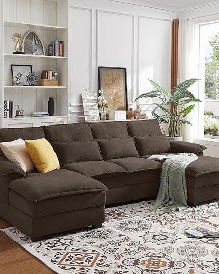 110" Convertible Sectional Sofa, U Shape Cloud Couch, Comfy Couches with Double Chaise and Sleepable Armrests, 4 Seats Sectional Couches for Living Room, Coffee