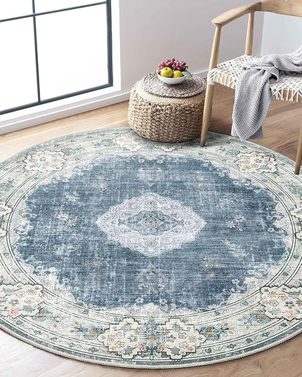 MUJOO Blue Round Rug 4ft,Circle Washable Area Rugs for Bedroom Living Room Bathroom,Boho Small Non Slip Circular Carpet, Floral
