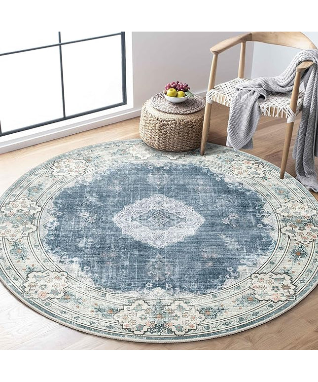 MUJOO Blue Round Rug 4ft,Circle Washable Area Rugs for Bedroom Living Room Bathroom,Boho Small Non Slip Circular Carpet, Floral