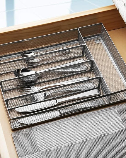 JANE EYRE Drawer Organizer, Cutlery Tray Silverware Flatware Storage Divider for Kitchen, Mesh Wire with Non-slip Foam Feet, 5 Component, Silver