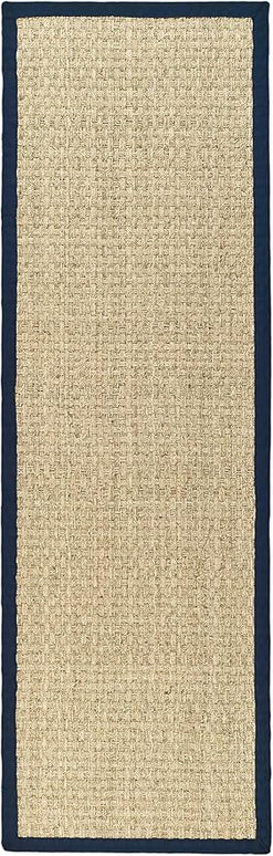 Safavieh Natural Fiber Collection Runner Rug - 2'6" x 22', Natural & Blue, Seagrass, Basketweave Pattern with Border (NF114E)