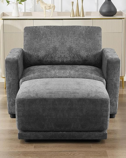 44.2" Chenille Oversized Chair with Movable Ottoman, Modular 1 Seat Couch with Thickened Cushions, Modern Single Sofa Chaise Lounge Reading Chair for Living Room, Small Apartment, Grey