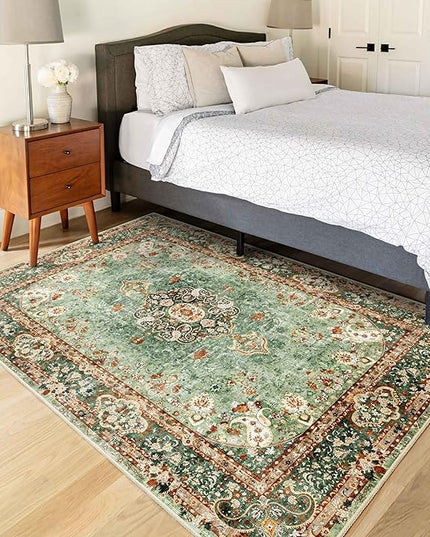 Green Rug 3x5,Washable Area Rugs for Bedroom Living Room Kitchen Entryway,Small Boho Vintage Bohemian Distressed Oriental Non Slip Carpet