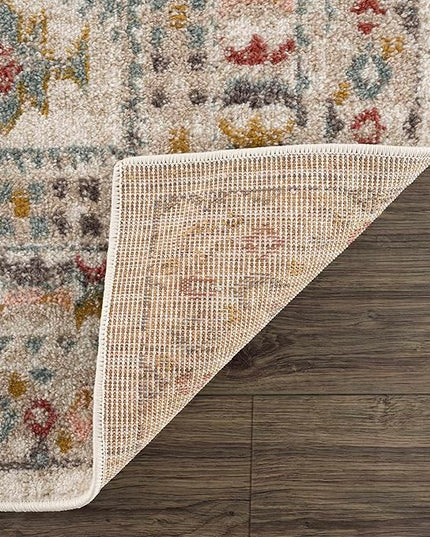 BoutiqueRugs Diem Boho Vintage Colorful Large Area Rug - Farmhouse Traditional Medallion Pink Carpet for Living Room, Bedroom - Pink, Cream, Green, Red, Gray, Yellow - 7'10" Square