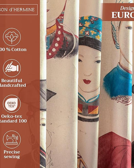 Maison d' Hermine Curtains for Living Room 100% Cotton 124 inch Length One Panel Light Filtering Curtains for Bedroom Windows with Rod and Loop Pockets Drapes (Pupeo People, 50" W x 124" L)