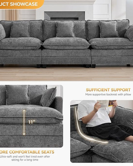 111'' Sectional Cloud Deep Seat Couch, Modern Comfy Chenille Modular Sectional Sofa for Living Room Set, Upholstered Modular 3-Seats Sofa Couch, Grey