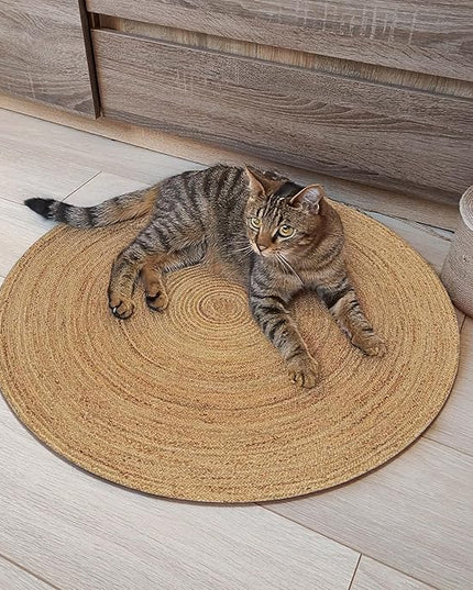 Hand Woven Jute Area Rug - 2' Round - Rustic Beige Reversible Farmhouse Rugs for Living Room, Bedroom, Kitchen - Vintage Natural Braided Entry Floor Décor Circle Boho Small Round Rugs 2 feet