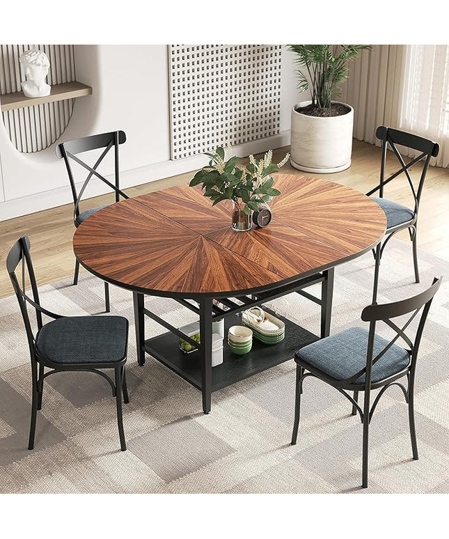 VFK 47.2"-63" Extendable Round Dining Table Set for 4–6, Solid Wood & Metal Table with Wine Rack Storage Shelf, Walnut Kitchen Furniture with 4 Upholstered Chairs (Storage Table and 4 Black Chairs)