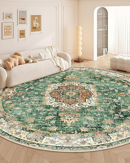Large Green Round Rug 9ft, Boho Circle Area Rugs for Bedroom Living Room,Washable Vintage Bohemian Distressed Oriental Floral Carpet Non Slip,Retro Sage Floral