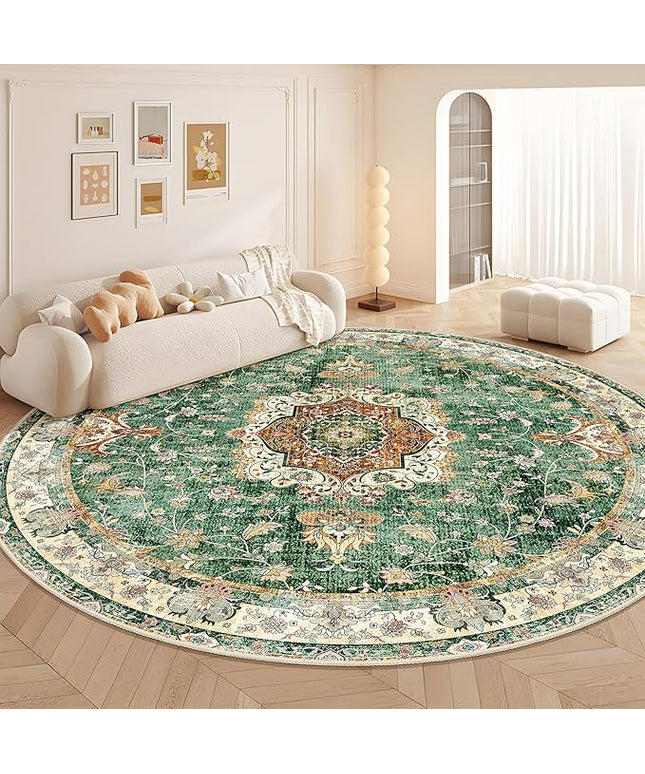 Large Green Round Rug 9ft, Boho Circle Area Rugs for Bedroom Living Room,Washable Vintage Bohemian Distressed Oriental Floral Carpet Non Slip,Retro Sage Floral