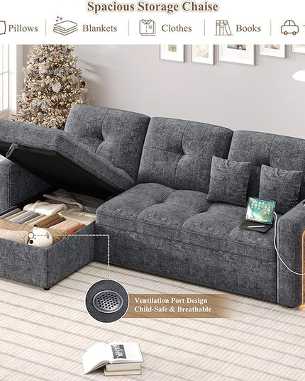HIFIT LED Sectional Sleeper Sofa with Pull Out Couch Bed, Convertible L Shaped Sofa w/Storage Chaise, Adjustable Backrest & USB, 80'' Comfy Chenille Sectional Couch for Living Room Apartment, Grey