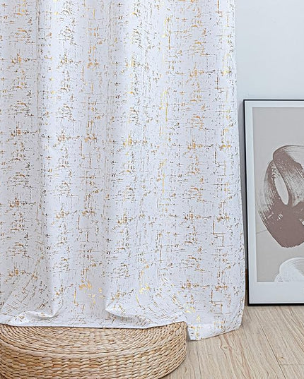 Taisier Home Gold Foil Print Linen Textured Curtains - Geometric Dots Pattern Design for Bedroom & Living Room - Thermal Insulated Window Treatment, 2 Panels, 84" L, White and Gold
