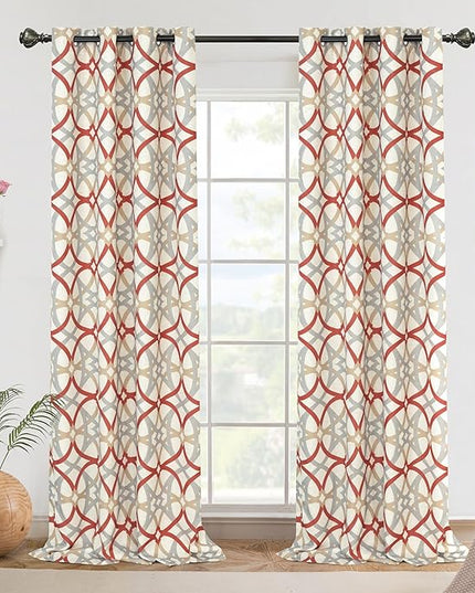 DriftAway Alexander 100% Blackout Curtains for Living Room Linen Blend Pattern Match Thermal Insulated Room Darkening Geo Moroccan Mid Century Grommet Bedroom Drapes 2 Panels 52 x 96 Inch Linen Red