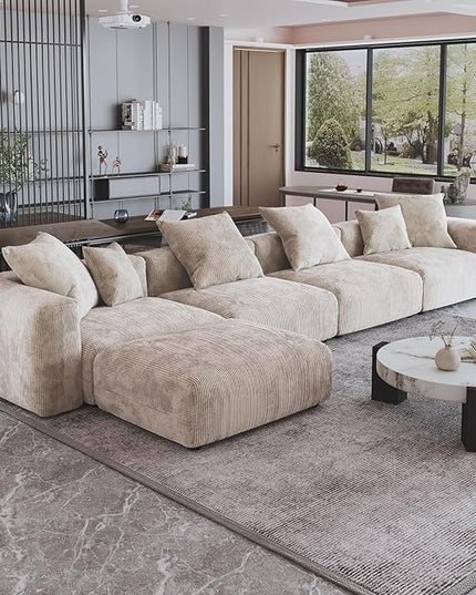JACH 181" Oversized Modular Sectional Sofa, Deep 4-Seats Sectional Couch with Chaise Ottoman, Huge Plus Convertible Soft Sofas, Corduroy Minimalist Couches for Living Room, Office, Apartment, Beige