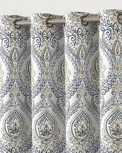 jinchan Blackout Curtains 90 Inch Length 2 Panels Blue Damask Medallion Window Curtains for Bedroom Grommet Thermal Insulated Drapes for Living Room Vintage Luxury Window Treatments Set