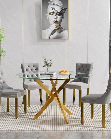HomVent 5 Piece Round Glass Dining Table Set, Tempered Glass Dinner Table Set for 4 Kitchen Table Set with 4 Velvet Upholstered Chairs for Kitchen Dining Room