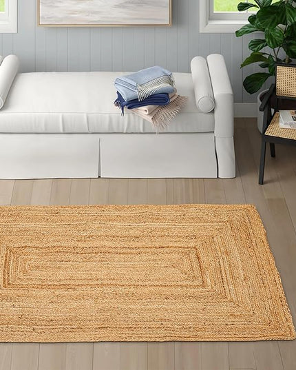 Hand Woven Jute Area Rug - 3' x 5' Feet - Rustic Beige Reversible Rectangular Rugs for Bedroom, Kitchen, Living Room - Vintage Natural Braided Entry Floor Décor Boho 3x5 Jute Rug
