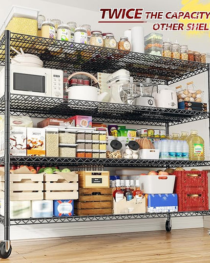 REIBII 75.6" H Storage Shelves Metal Shelving Unit with Wheels 55''W Garage Shelving Heavy Duty Wire Shelves for Storage Rack Adjustable Pantry Shelf Commercial Shelving, 75.6" H X 55.5''W X 24" D