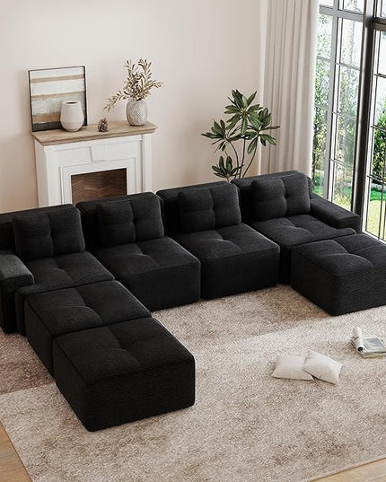 Hommoo Oversized Modular Sectional Sofa, 7 Seat Sleeper Sofa Bed, Comfy Corduroy Couch with Deep Seat, 153”Convertible Boneless Sofa with Ottoman for Living Room No Assembly Required Black