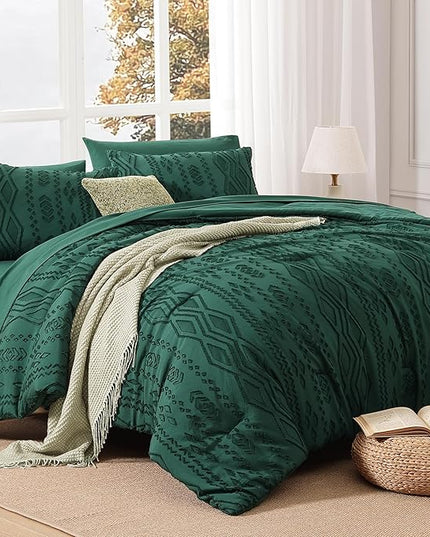 Queen Comforter Set Emerald Green, Tufted Boho Bedding Farmhouse Dark Green Bed Set, All Season 7 Pieces Bed in a Bag with Sheets, Pillowcases & Shams