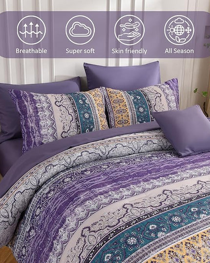 Cottolester Boho Comforter Set California King Size 8 Pieces,Violet Bohemian Striped Bed in a Bag, Paisley Soft Microfiber Bedding Comforter Set