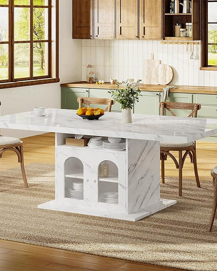 HSH Dining Table for 4–6, 63" Modern Kitchen Dining Room Table with Storage Shelves & Acrylic Door Cabinet,Wood Rectangle Dinner Table with Faux Marble Top for Home Apartment, White Faux Marble