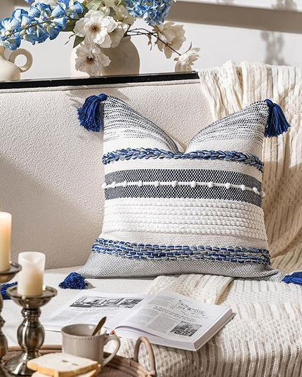 BlissBlush Navy Dark Blue Decorative Throw Pillow Cover 20x20 Square Boho Accent Pillowcase Tassels Farmhouse Cushion for Couch Sofa Bedroom Living Room Home Décor Cover ONLY