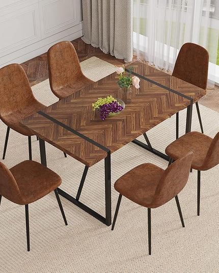 Dinner Table Set for 6, Modern 55'' Wood Dining Table with Fabric Dining Chairs Set of 6,Dining Room Sets for 6,Ideal for Kitchen Dining Room