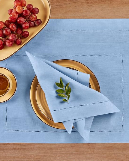 Solino Home Linen Cloth Placemats Set of 4-100% Pure Linen Hemstitch Cornflower Blue Placemats 14 x 19 Inch - Classic Hemstitch Table Place Mats for Christmas, Holiday, New Year