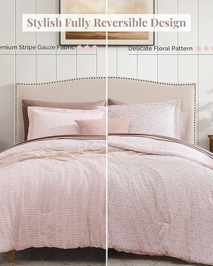 Full Comforter Set - 7 Pieces Pink Gauze Muslin Bedding Sets for All Seasons, Lightweight Breathable Bed in a Bag Full with Revesible Farmhouse Comforter, Sheets, Pillowcases & Sham