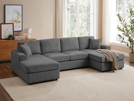 VANOMi 118'' U Shaped Sectional Sofa Couch, Corduroy Fabric Modern Cozy Jumbo Size 4-Seater Living Room Couch, Double Chaise Longue, Dark Grey