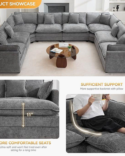 147'' Oversized U Shaped Cloud Sectional Sofa, Chenille Deep Seat Couches for Living Room, Comfy Upholstered Modular Sectional Sofa Couch, Grey