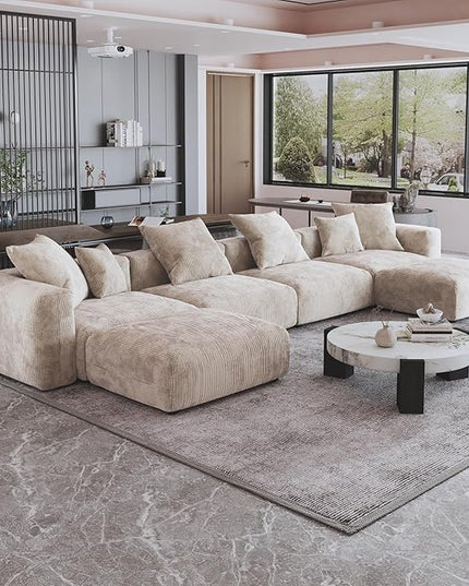 JACH 181" Oversized Modular Sectional Sofa, U-Shaped Deep 4-Seats Sectional Couch with Chaise Ottomans, Huge Plus Convertible Soft Sofas, Corduroy Minimalist Couches for Living Room, Apartment, Beige