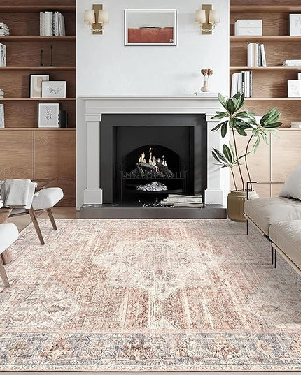 ReaLife Rugs Machine Washable Area Rug - Living Room Bedroom Bathroom Kitchen Entryway Office - Padded Low Pile Stain Resistant Premium - Boho Farmhouse Vintage - Lyle - Gray Ivory Blush 5' x 7'