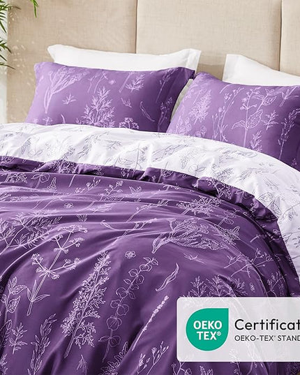 Love's cabin Dark Purple Full Comforter Set - Full Size Comforter Set, 3 Pieces Cute Floral Bedding Sets for All Seasons,1 Soft Reversible Botanical Flowers Comforter and 2 Pillow Shams