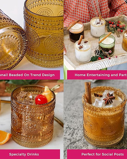 Kate Aspen Hobnail Beaded Floral Amber Drinking Glasses Set of 6, (10 oz) Vintage Glassware Cocktail Glass Set, Juice Glass, Water Cups Great Hostess Gift & Gift for New Home Owners (Pack of 4)