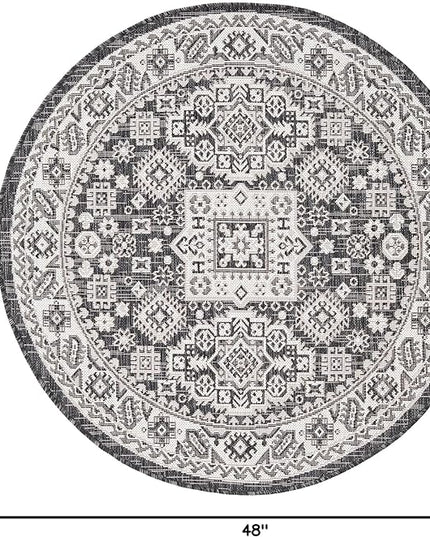 Rugs.com Outdoor Aztec Collection Rug – 4 Ft Round Charcoal Gray Flatweave Rug Perfect for Kitchens, Dining Rooms