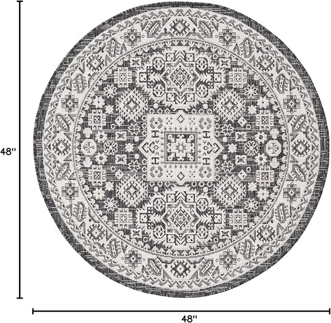 Rugs.com Outdoor Aztec Collection Rug – 4 Ft Round Charcoal Gray Flatweave Rug Perfect for Kitchens, Dining Rooms
