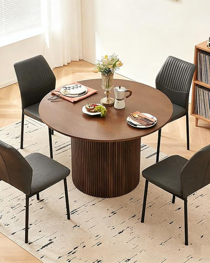 Dining Table Set for 4, 47" Wooden Round Kitchen Table with PU Leather Chairs for Kitchen Room and Small Spaces(Walnut Table + 4 Dakr Grey Chairs)