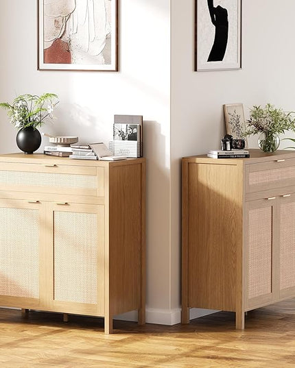 YOUDENOVA 60.3" Sideboard Buffet Cabinet, Rattan Storage Cabinet with 4 Doors & 2 Drawers, Boho Kitchen Cupboard Console with Adjustable Shelves for Dining Room, Living Room, Natural Oak
