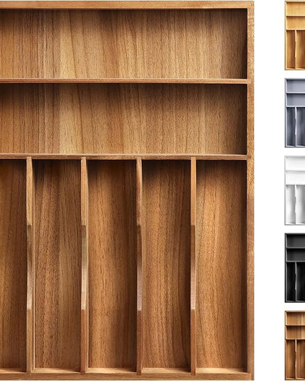 Kitchen Acacia Silverware Organizer - Extra Deep Grooved Drawer Divider, 7 Slot Utensil Organizer