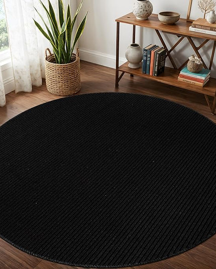 Beverly Rug Non-Slip Modern Rug 6 Round Solid Traditional Rubber Backing Machine Washable Soft Thin Indoor Area Rugs for Living Room Stain Resistant Non Shedding Casual Carpet (6 Round Black)