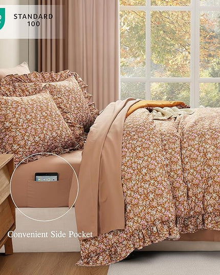 King Comforter Set - 7 Pieces Ruffle Brown Bedding Sets, Shabby Chic Farmhouse Bed in a Bag King with Ruffle Comforter, Floral Sheets, Pillowcases & Shams