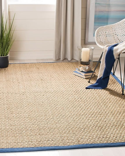 Safavieh Area Rug 4' Square - Natural Fiber Collection - Natural & Navy, Seagrass, Basketweave Pattern with Border (NF114T)